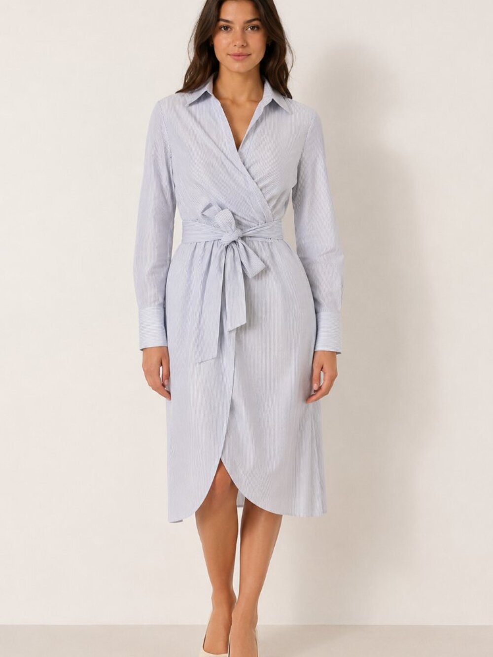 ASTR The Label Blue White Striped Wrap Shirt Dress XS Tie Waist Midi 0743